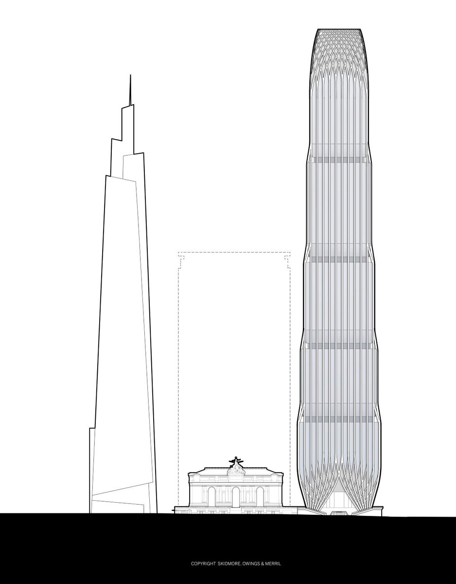 Небоскреб One Vanderbilt (427 м), Grand Central Terminal и небоскреб 175 Park Avenue (502 м).   Рендеринг by Skidmore Owings & Merrill/newyorkyimby.com
