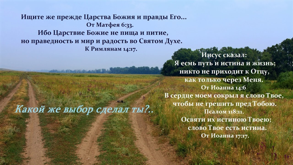 Первое прежде всего. Ищите же прежде царства Божия и правды его. Царство Божье это мир праведность и радость во святом духе. Царствие Божие не пища и питие. Царство Божие не пища и питие но праведность и мир.