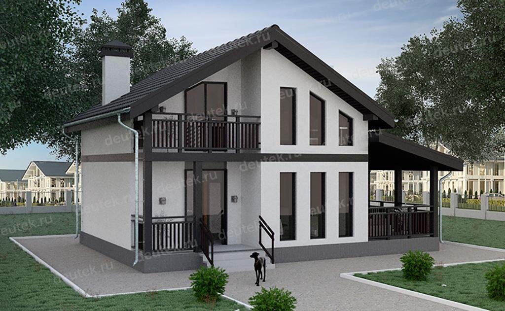 Проект каркасного дома 100 м2 в современном стиле с балконом и террасой - DTW0030