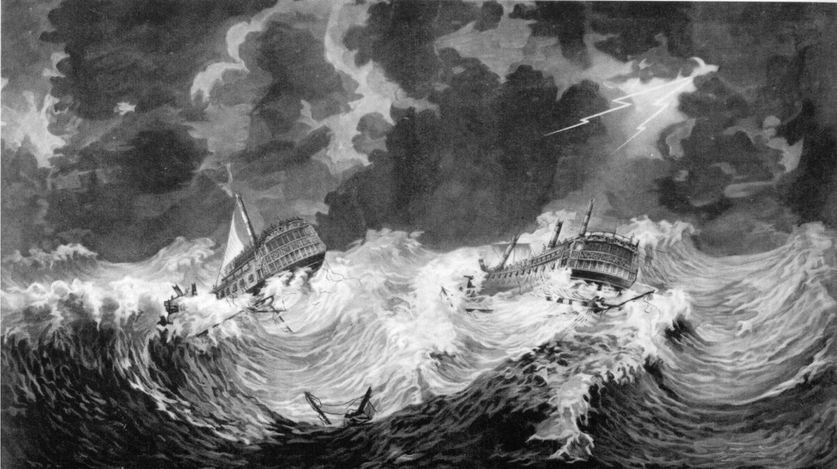 Корабли английского королевского флота "Гектор" и "Бристоль" во время урагана 1780 г.