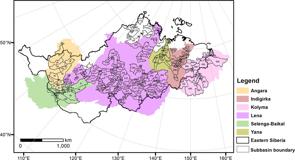Карта расположения речных бассейнов в Восточной Сибири. Источник: Liu et al. / Scientific Data, 2022