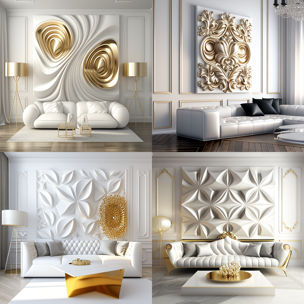 белые, золотые стеновые панели для гостиной и холла