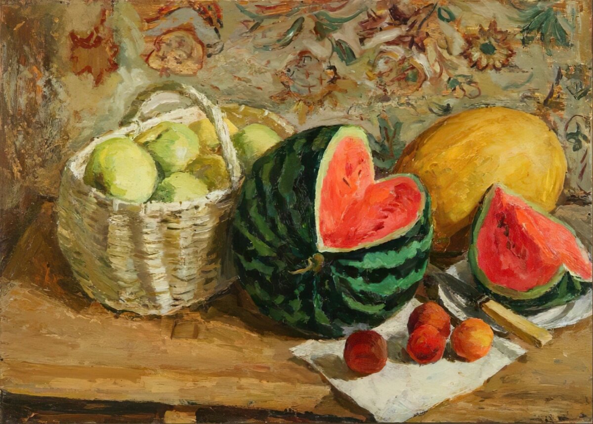 Пластов Аркадий Александрович (1893—1972) «Арбуз и яблоки», 1960-е.