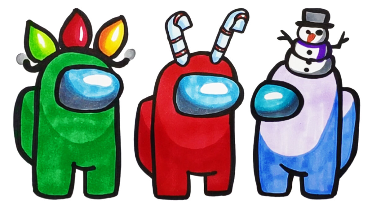 Три Амонг Ас персонажа в Новогодних скинах.