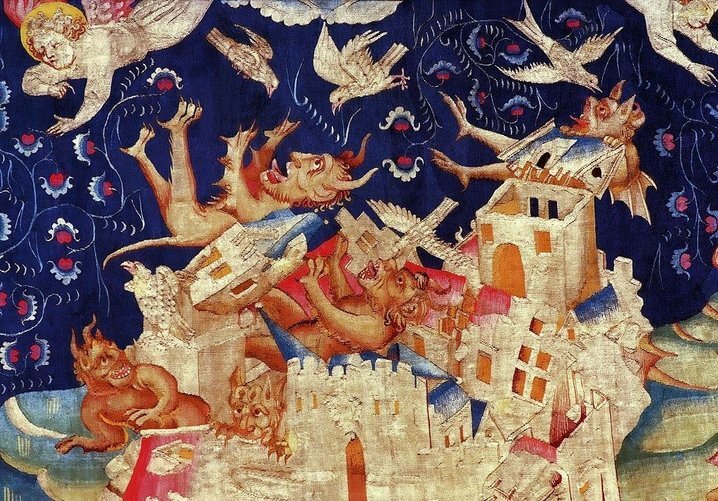 Современная копия рисунка  гобелена XIV века. Иллюстрация к пророчествам Иоанна Богослова. 