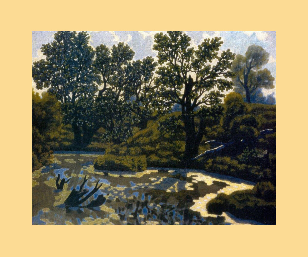 Фотография (на фоне) картины Н. П. Крымова "Пейзаж с прудом" (из свободных источников)