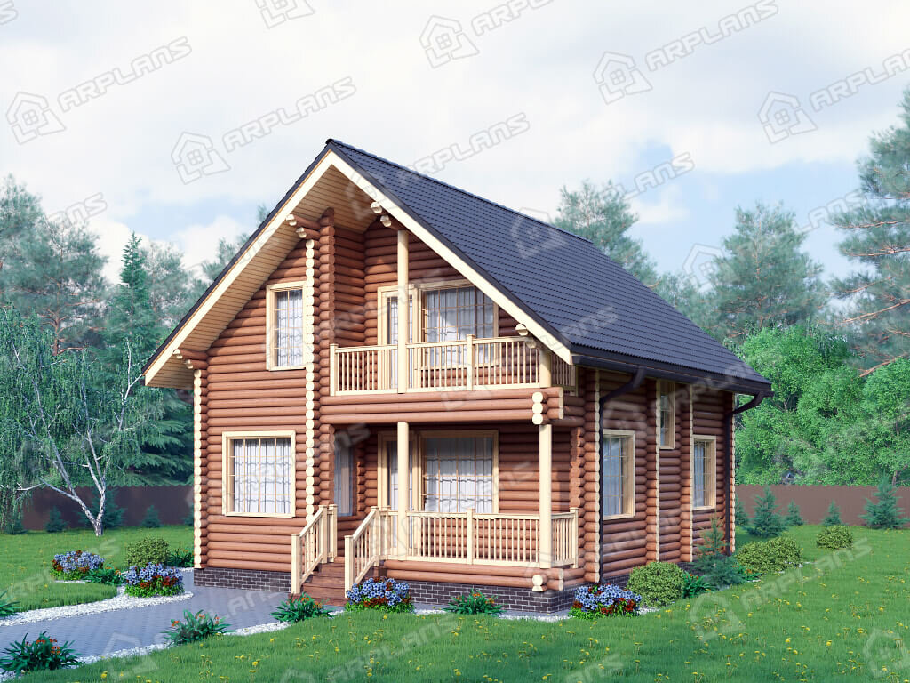 Фото 1 деревянного дома из бревна с мансардой, 4 спальнями, кабинетом, балконом, газовой котельной и террасой, 130 кв м. Источник arplans.ru Проект ДО-150