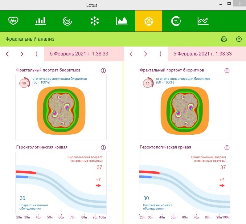                              Кривая биологического возраста пациента (нижний ряд)