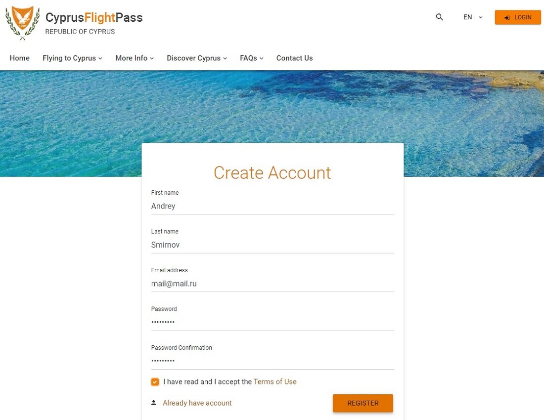 Создание аккаунта на сайте Cyprus Flight Pass - скриншот с сайта https://cyprusflightpass.gov.cy/en 