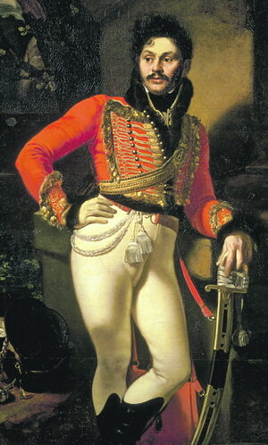 Генерал Евграф Давыдов. Портрет работы художника Кипренского 1809 года. ТОгда все знали, кто на портрете, поэтому художник не подписал работу. В советском учебнике "История" за 7 класс эту картину выдавали за портрет партизана Дениса Давыдова, двоюродного брата Евграфа. Гусар-партизан носил другие усы и рост имел небольшой, (Евграф был очень высоким), но их все равно путали даже современники.