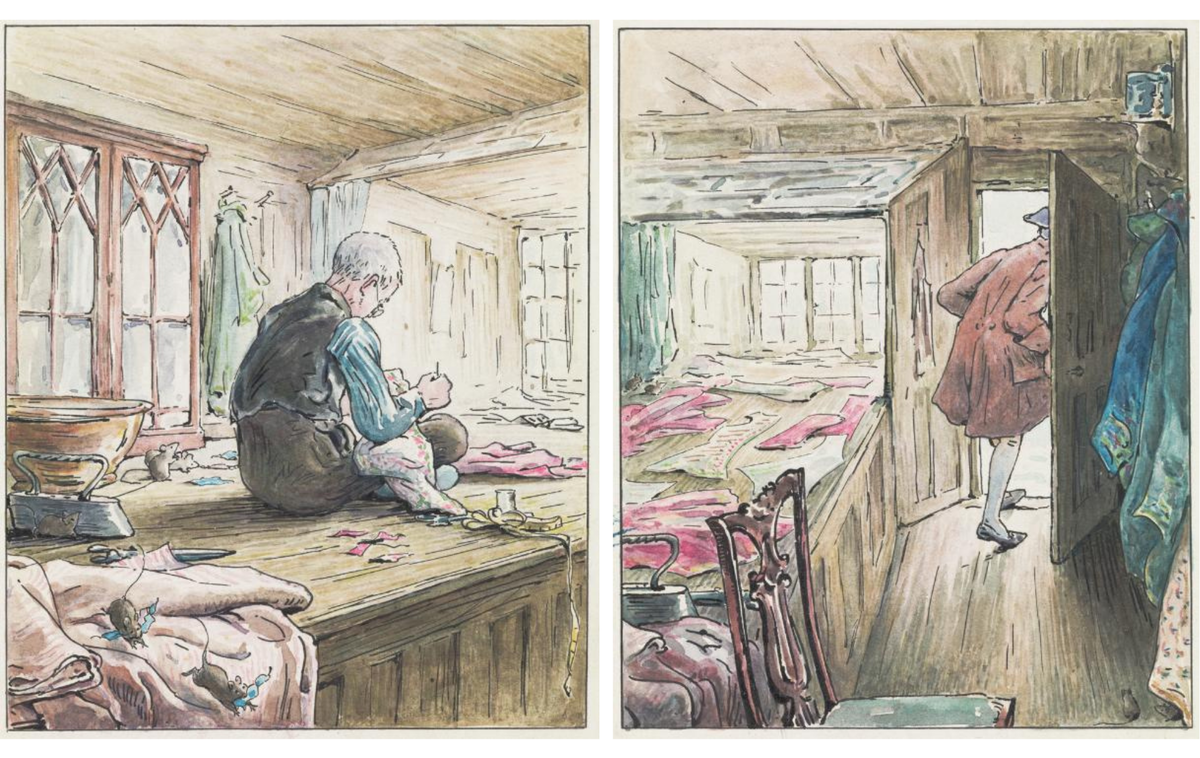 Хелен Беатрис Поттер. Портной из Глостера за работой (а мышки убегают с материей для своих одежек). Портной покидает свою мастерскую (справа), ок. 1902. Галерея Тейт, Лондон. © Tate