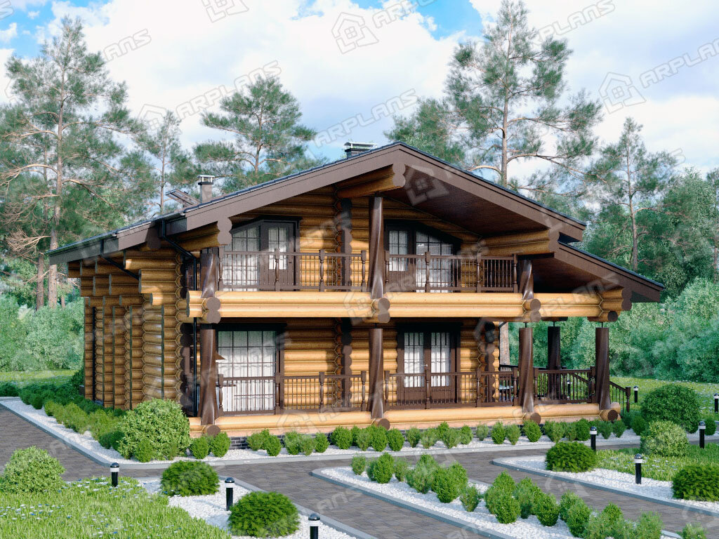 Фото 1 деревянного двухэтажного дома из бревна с мансардой, 3 спальнями, сауной, балконом и террасой. Полезная площадь 139 кв м. Источник arplans.ru Проект ДО-133