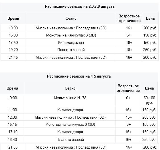 Расписание сеансов владивосток