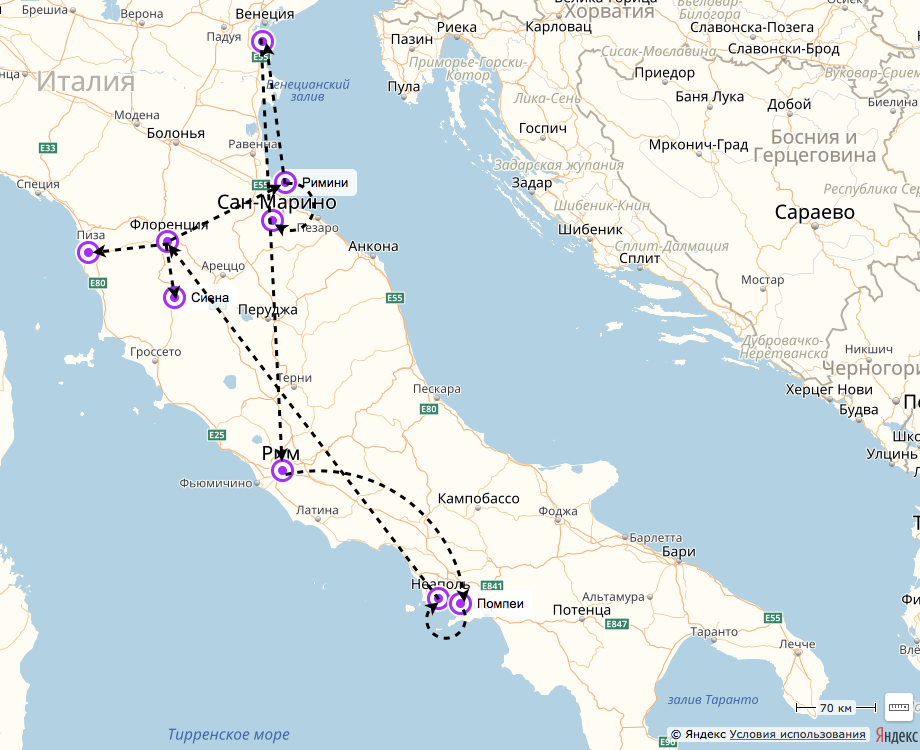 Кольцевой маршрут по городам Италии.
