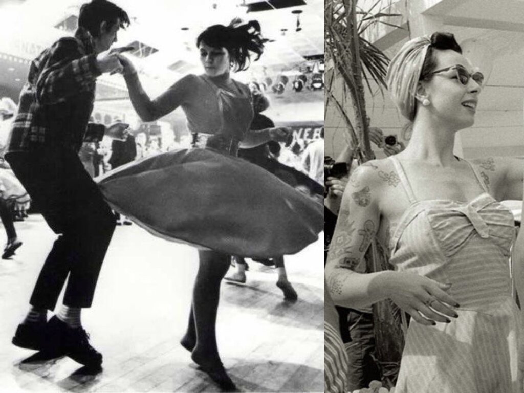 Женские платья в стиле рокабилли подчеркивали грудь и имели пышные юбки, которые красиво развевались в танце