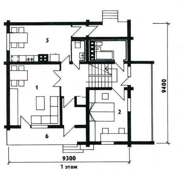 1 – общая комната - 17,8 м²   2 – спальня - 12,0 м²  3 – спальня - 10,3 м²
4 – спальня - 8,0 м²   5 – кухня - 12,8 м²     6 – веранда - 12,0 м²
7 – ванная - постирочная - 5,2 м²      8 – уборная - 2,2 м²