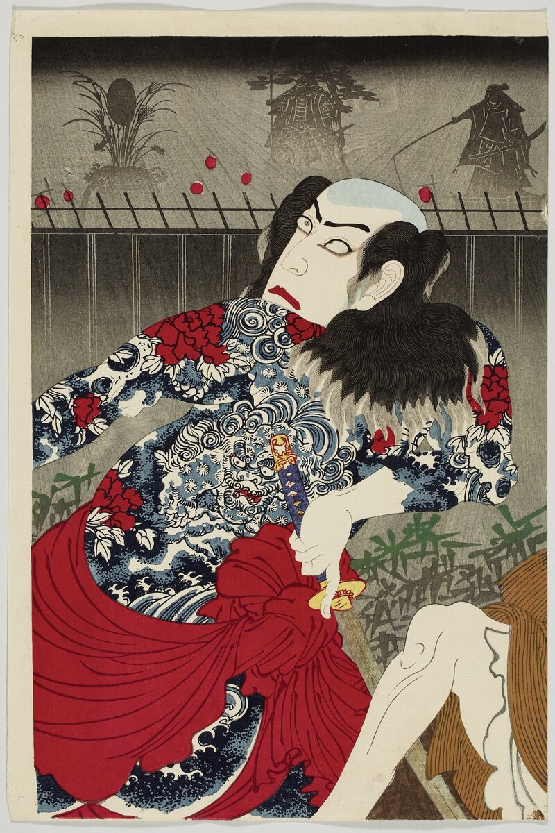 Тоёхара Кунитика, «Актер Итикава Дандзюро IX в роли Дансити Куробэй в пьесе «Нацумацури»», часть триптиха, 1877.