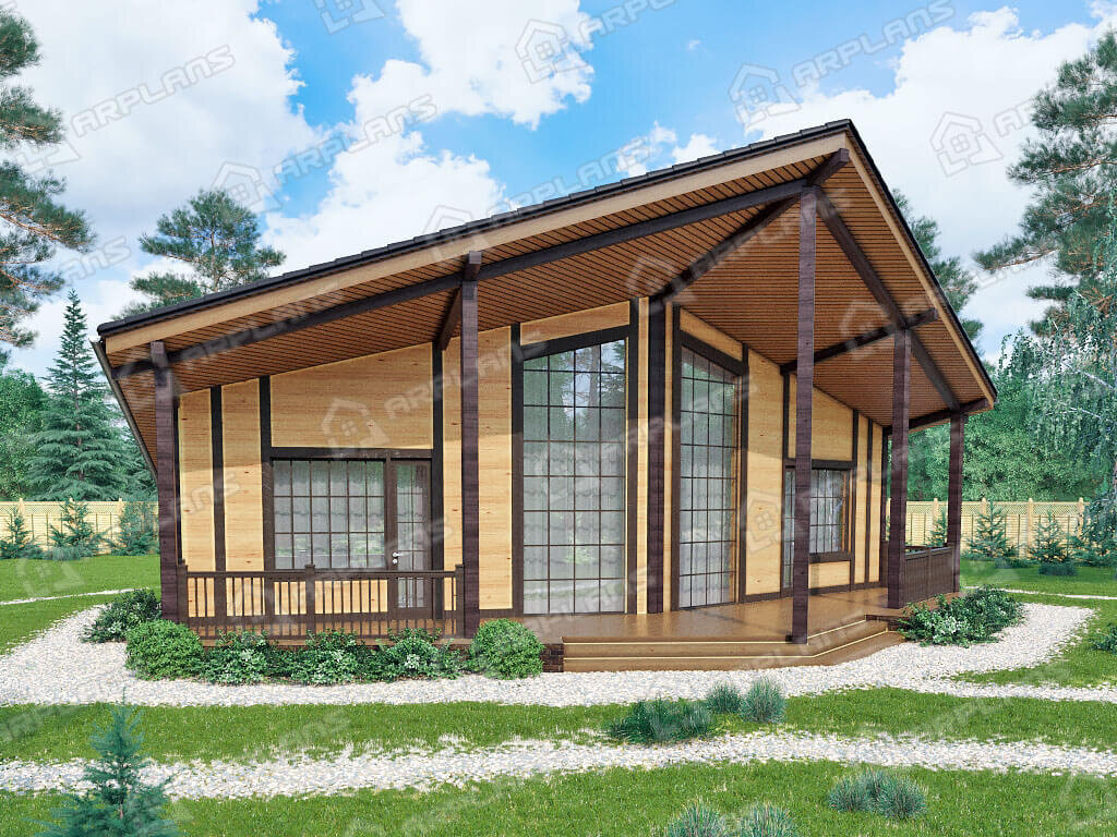 Фото 1 одноэтажного каркасного дома с террасой и 1 спальней, 70 кв м. Источник arplans.ru Проект И-010