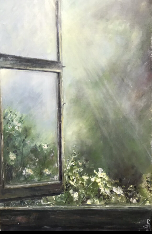 На ней Яна изобразила как первые лучи раннего солнца пробиваются сквозь туманную дымку в комнату деревенского дома.