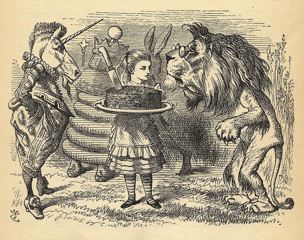 Алиса, Лев и Единорог. Иллюстрация сэра Джона Тенниела.