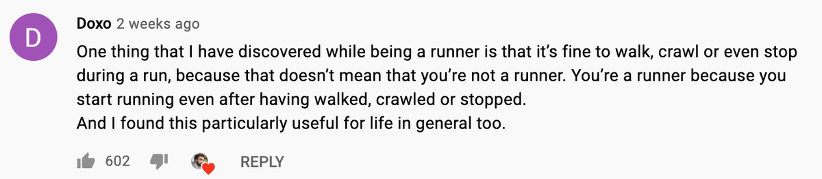 Перевод: Есть одна вещь, которую я обнаружил, когда бегаю марафоны. Перейти на шаг во время забега не страшно, потому что это не означает что ты не марафонец. Ты бегун потому что снова бежишь несмотря на то, что ранее ты перешёл на шаг, замедлился или остановился. И я нашёл практическое применение этой философии к другим аспектам жизни.