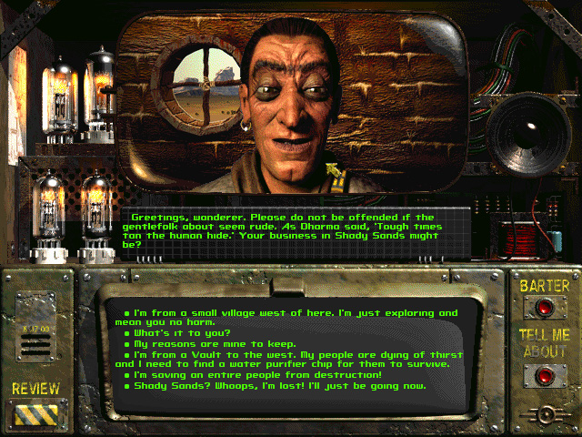 Fallout 1 диалог с персонажем. У этой головы двигается пластилиновый рот и хмурятся брови. Так выполнены все лицевые анимации. Я считаю, это оригинальнее и круче, чем компьютерная графика того времени.
