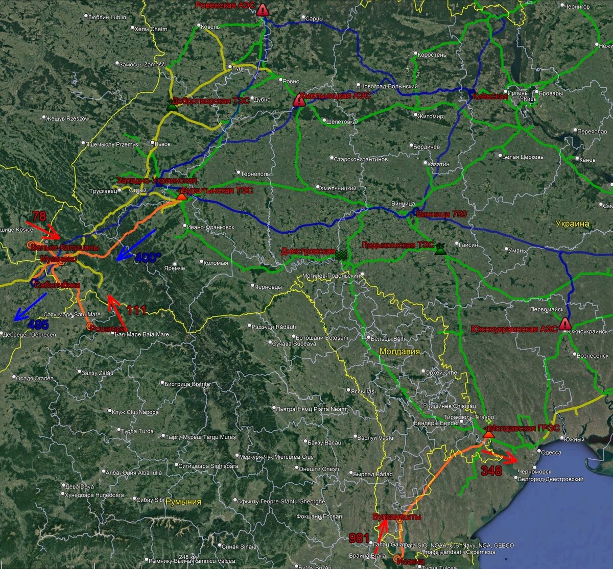 Ситуация на 13:00-14:00. Красными стрелками показаны перетоки на Украину, синими – из.