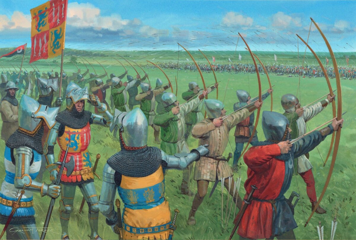 Битва при Шрусбери (1403) началась стрельбой лучников Генри Перси. Слева в центре изображен именно он. Его легко узнать по гербу со львами и рыбами. Свое прозвище "Горячая Шпора" он получил за неудержимый, горячий нрав. Иллюстратор: Graham Turner