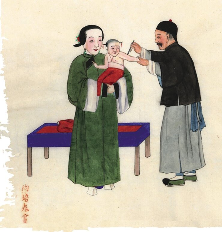 Китайская акварель «Прививка от оспы». Пекин, до 1904 г. Худ. Чжоу Пэй-чунь. Коллекция МАЭ (Кунсткамера) РАН (Санкт-Петербург)