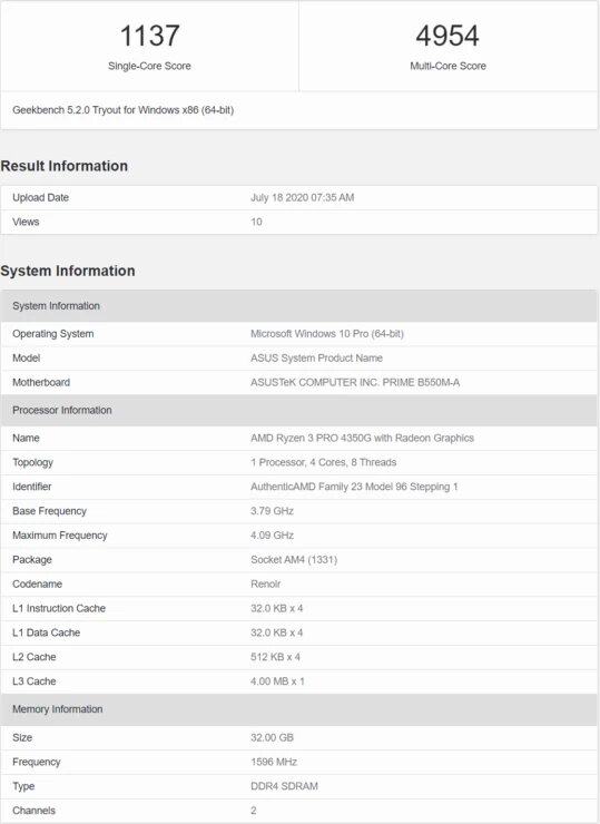 Результаты тестов нового процессора Ryzen 3 PRO 4350G в бенчмарке