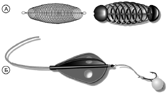 Рис. 1. Кормушки‑спирали (А) и оснастка при ловле на «Method» (Б)