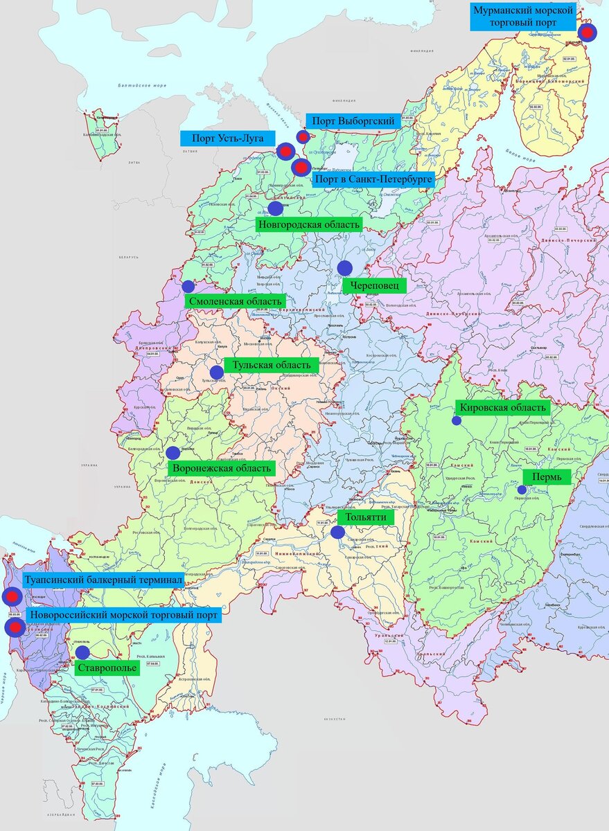 Расположение крупнейших предприятий по производству аммиачной селитры и портов РФ, на которых имеются склады с ней.