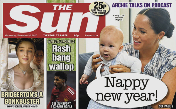 Фрагмент первой полосы The Sun от 30 декабря 2020 г.