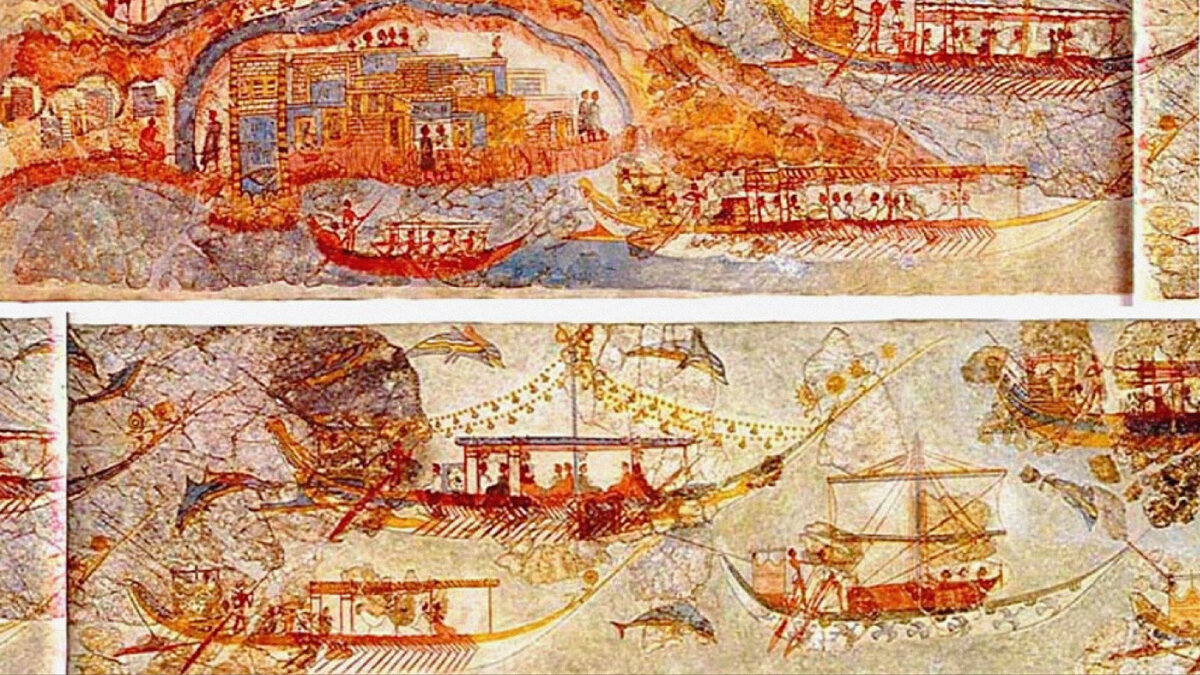 Минойские корабли. Фреска из Акротири, не позднее 1500 года до н. э. (это произведение находится в общественном достоянии, т.е. не имеет авторских прав)