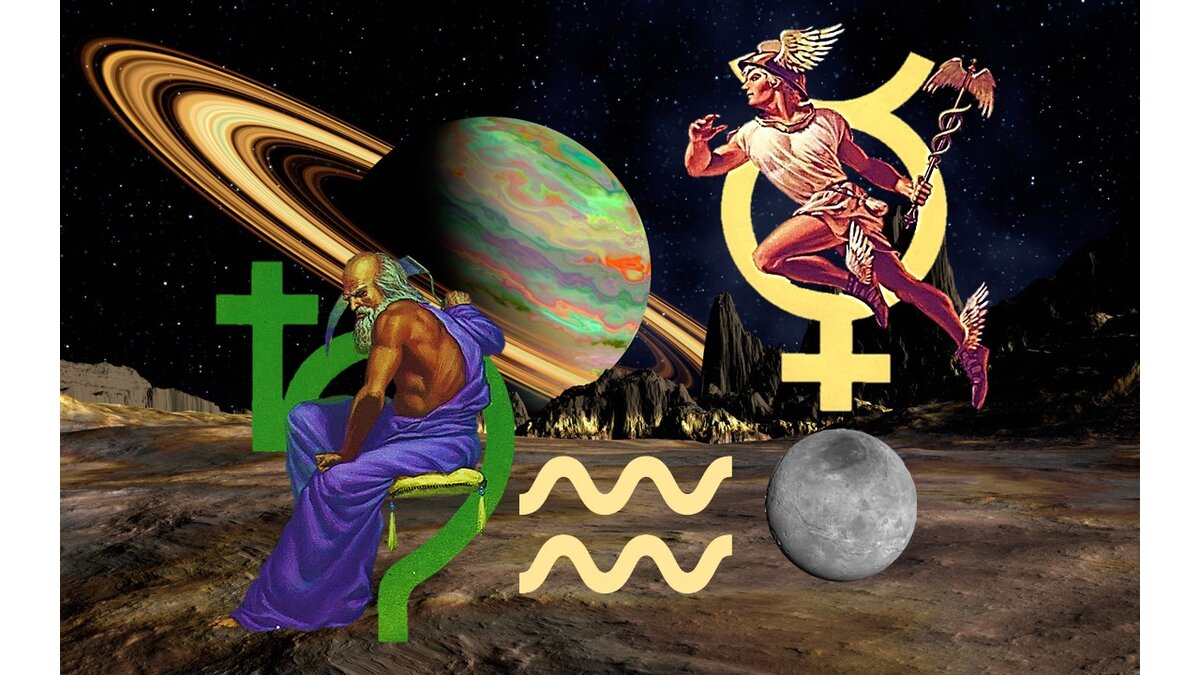 Соединение Меркурий-Сатурн в Водолее, авторский коллаж, рисунок источник яндекс картинки.