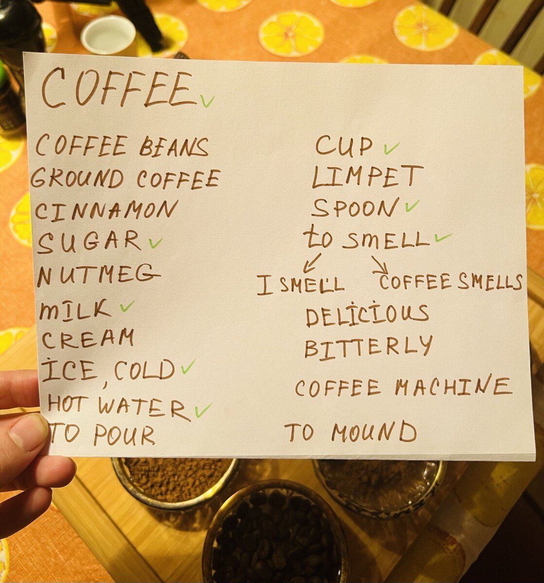 Возможный словарик по теме Coffee. Для нулевого уровня можно взять минимум слов типа "кофе", "сахар", "вода", "молоко", "чашка", "лей".