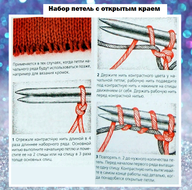 Набор петель дополнительной нитью спицами. Плетеный набор петель. Способы набора петель спицами. Витой набор петель на спицах. Набор петель крючком.