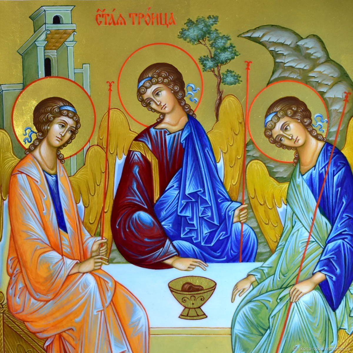 Икона Святой Троицы. Рукописная икона на золоте А. Рублева