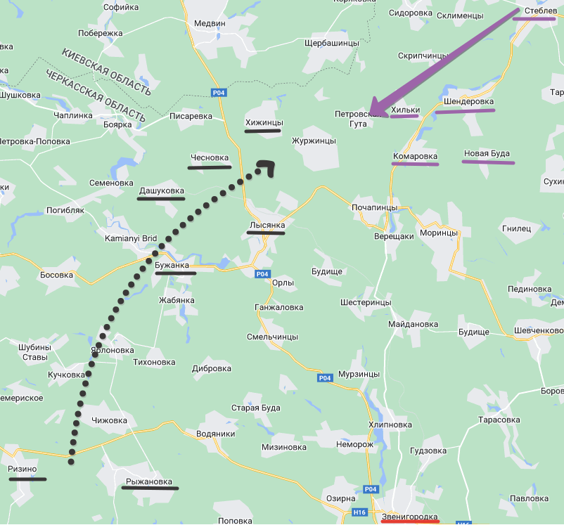 Чёрным - деблокирующие танкисты - навстречу фиолетовым окруженцам. Рисунок Автора