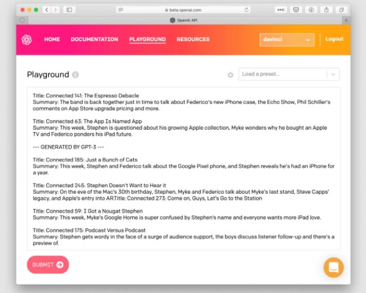    Интерфейс GPT-3 Playground