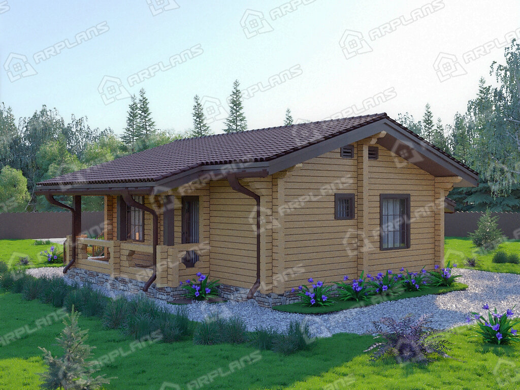 Фото 2 одноэтажного дома из бруса с 2 спальнями и террасой. Общая площадь до 100 (61) кв м. Источник arplans.ru Проект ДС-057