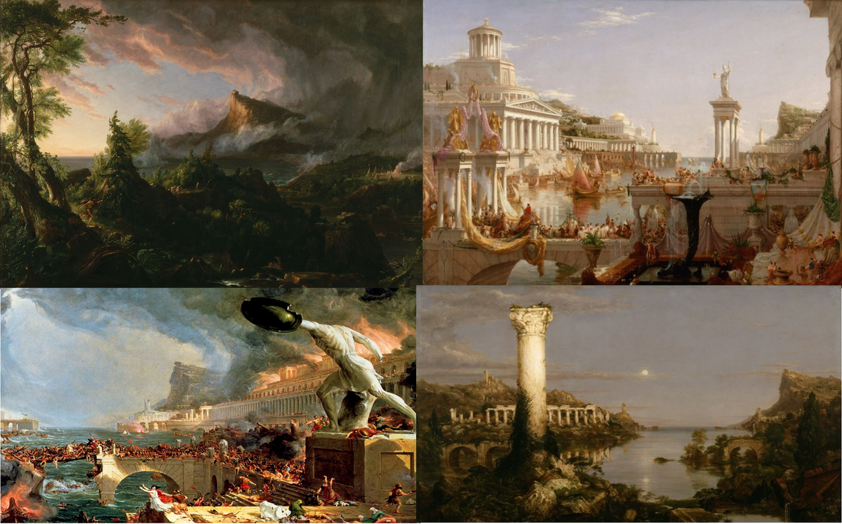 Серия картин Томаса Коула под названием «Путь империи». Цикл состоит из картин «Первобытное состояние»,  «Расцвет», «Крушение» и «Запустение»