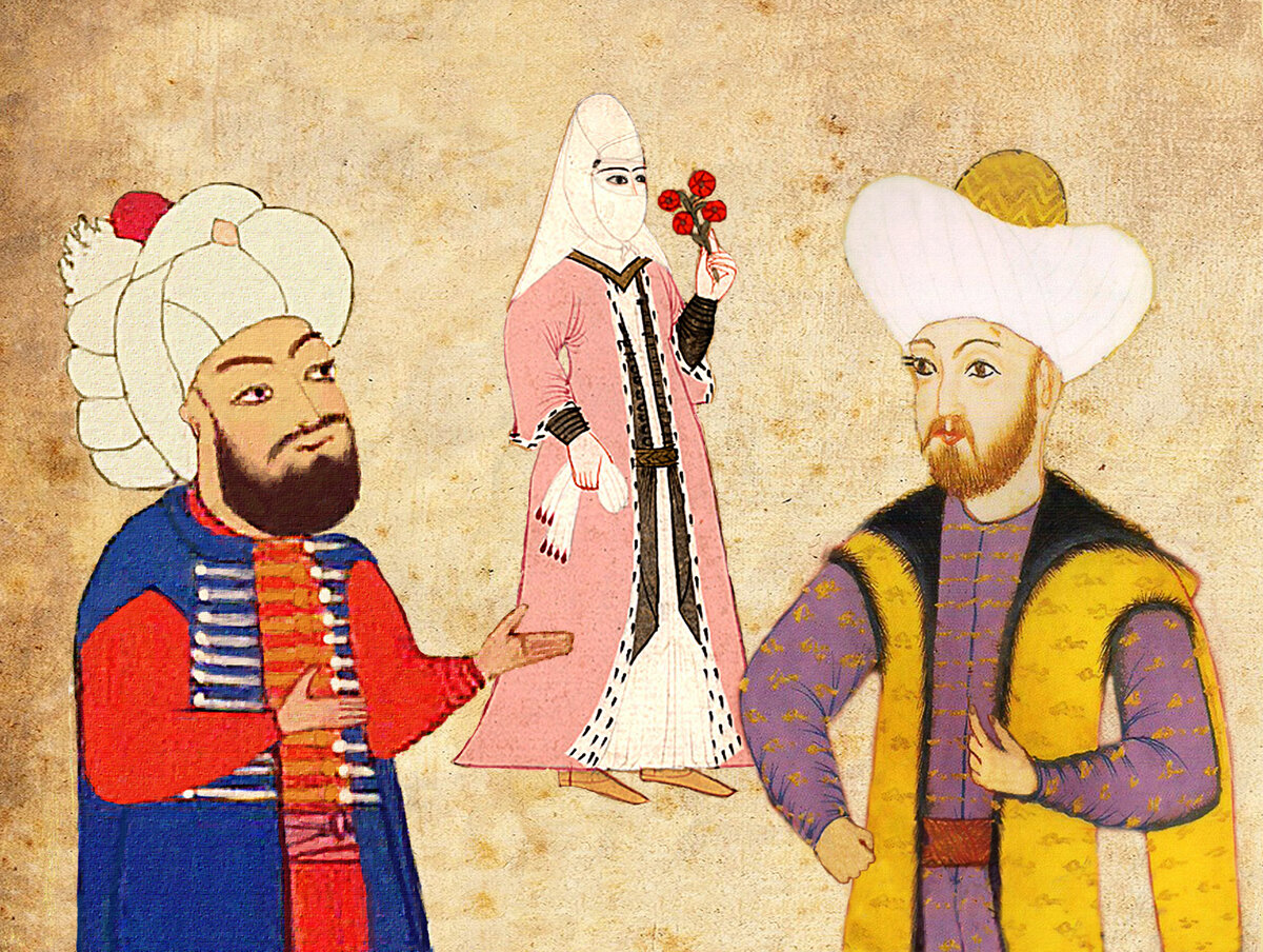 Махмуд-паша (слева) и султан Мехмед (справа) обсуждают невесту (Авторский коллаж на основе изображений из открытых источников)