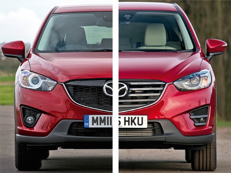 Обновленная СX-5 образца 2015 года отличается решеткой радиатора, иными указателями поворотов в корпусах зеркал и опционными светодиодными фарами, противотуманками и задними фонарями. Среди технических изменений — электронный стояночный тормоз