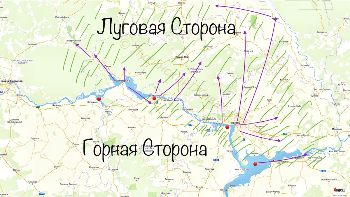 черемисские войны XVI века на современной карте: кружки - построенные крепости русских для контроля и карательных походов; стрелки- сами походы; очаг восстаний зеленым  