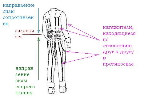 Направление сил сопротивления, создаваемых костюмом «Пингвин»