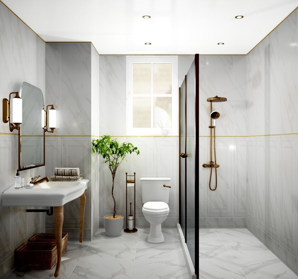 Белый матовый керамогранит под мрамор от Marazzi в интерьере готового проекта от дизайнера Мосплитки.