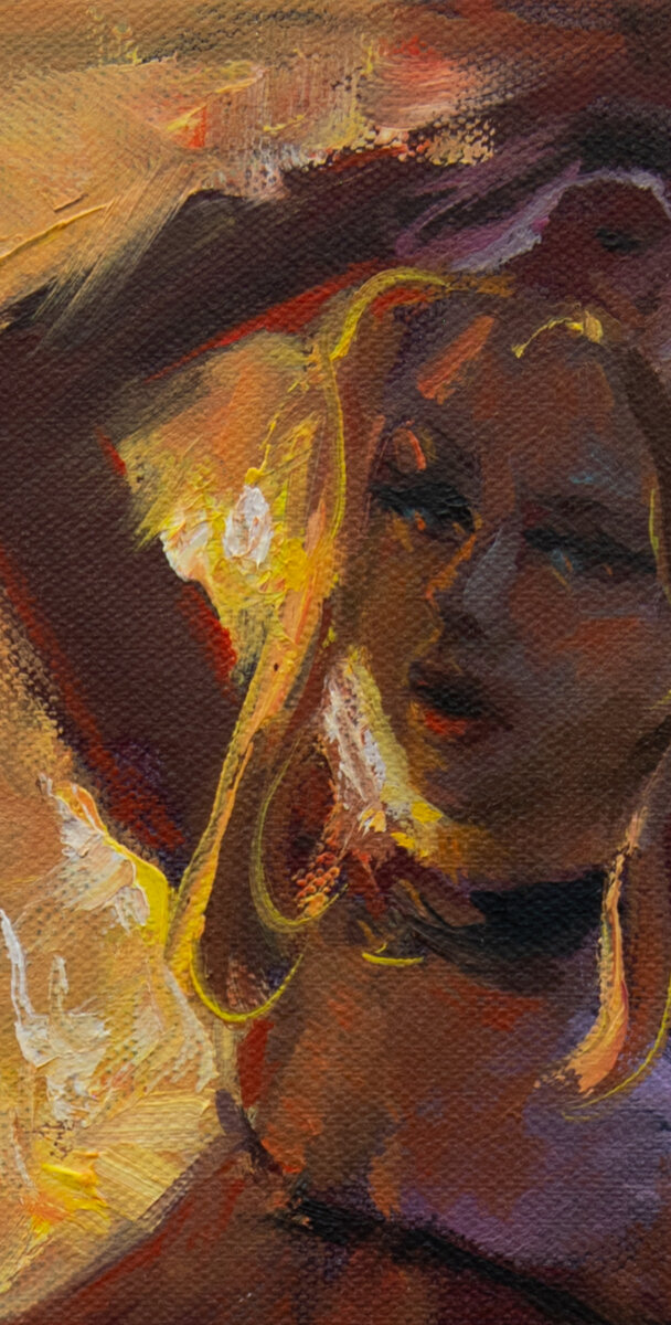 "Девушка в прозрачном кэтсьют на светящемся теплом фоне", фрагмент, 20х40см, холст, масло, 2020