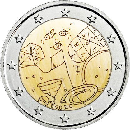 На реверсе монеты 2 евро, размещено: во внешнем круге - традиционные 12 звезд ЕС
в центре рисунок победитель конкурса