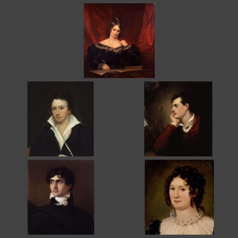 Мэри Шелли (сверху), далее слева направо: Перси Биши Шелли, Джордж Гордон Байрон, Джон Полидори и Клара Клермонт.